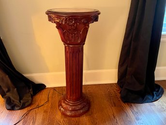 Carved Wood Pedestal With Marble Inset