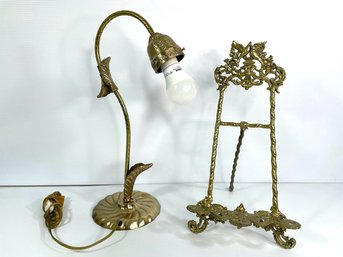 Brass Gooseneck Ruffel Lamp 18''  . Brass Picture Easel 16''