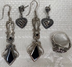 Lot 925 Sterling Silver Jewelry - Dangle Earrings Onyx - Heart Marcasite Earrings - Filigree Amethyst Ring