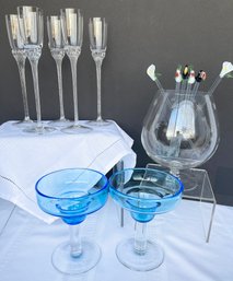 Fabulous Bar Lot! 6 Figural Swizzles, Tall Cordials, Large Brandy Snifter, Margarita Glasses From The Cellar