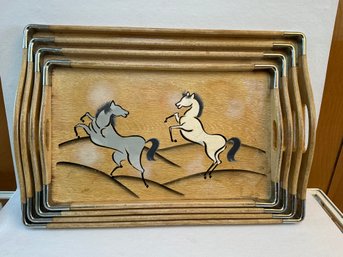 Group Of Four Graduating Serving Trays Withhorse Motif