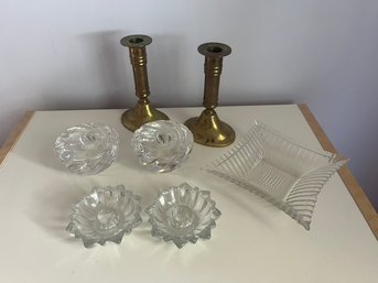 Brass & Glass Candle Holders & Vintage Candy Dish