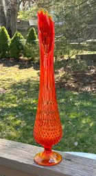 Beautiful LARGE 22' Height Fenton Amberina Hobnail Stretch Vase - Swung Vase With Original Sticker