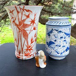 Shiwan Ceramic Chinese Mudman With Bamboo Bird Vase And Chinoiserie Vase