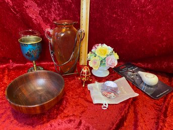 Odd Lot Lalique Crystal Paperweight Kiddush Cup Goblet Teak Wood Bowl Hanging Glass Vase Royale Stratford