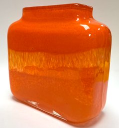 VINTAGE ART GLASS ORANGE VASE: Yellow Amber Banding, Square Shape, Bright & Colorful, 7.5', Polished Pontil