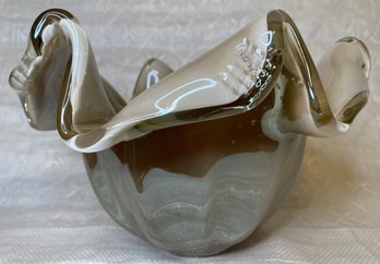 Vintage Murano Art Glass Dark Taupe To Clear Centerpiece Bowl - Iridescent - White Cristal - Made In Italy