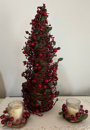 Red Berry And Twine Cone Tree And Sugared Berry Tea Light Candle Holders (2)