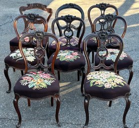 Eight  Victorian Needlepoint Dining Chairs 6 Matching Chairs 2 Of Different Pattern ( READ Description)