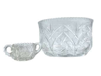 Large Cut Glass Bowl & Sugar Bowl & Creamer. Please See Photos For Creamer.