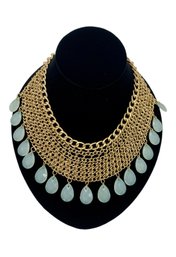 Gold Tone Chain Mesh Necklace With Acrylic Light Green Beads