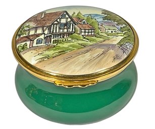 Fine English Enamel Patch Box Having Cottages