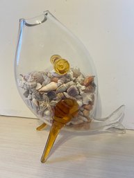 Vintage Blenko Clear Glass With Amber Accents, Fish, Filled With Seashells