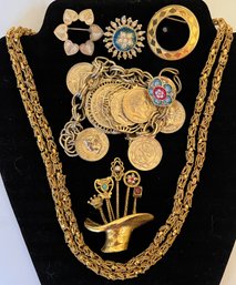 Vintage Gold Tone Jewelry Lot - Benedikt Coin Bracelet - Mosaic Ring - Mesh Chain - Basket Brooch, Scatter Pin