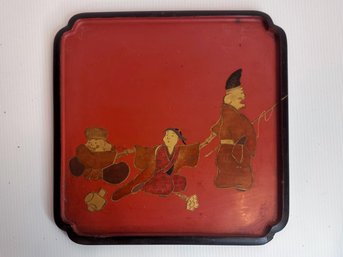 Antique Asian Red Square Wish Service Tray