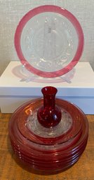9 Red Rimmed Glass Plates Plus Red Mini Vase