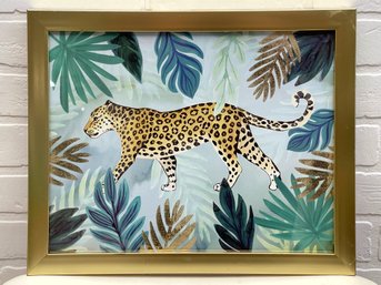 Prints Of Leopard With Vibrant Leaves And Metallic Finish In Gold Frame