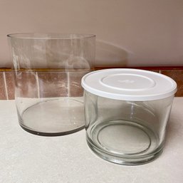 Two Clear Glass Vessels - One Is Pampered Chef With Lid