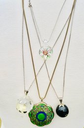 Lot Of 4 Vintage Necklaces All Have Sterling 925 Chains & Are Marked 3 Glass Pendants, 1 Chinese Cloisonne