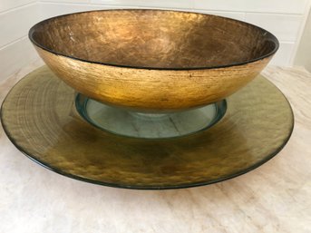 Glass Centerpiece Bowl And Charger, Brushed Metallic