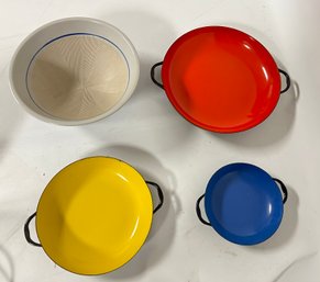 Vintage Enamel Pans Set Of 3 Red - Blue - Yellow And A Chinese Blue Striped & Textured Footed Rice Bowl  B4