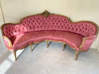 8ft  Louis XVI Style French Tufted Antique Sofa In Pink Rose Silk Damask