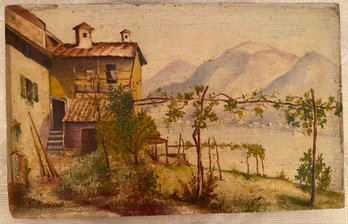 Vintage Antique Oil On Board - Italian House, Grape Vines, Mountains - Signed G Moreschi