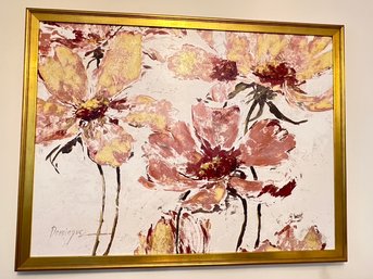 Oil On Canvas - Floral- Roses, Signed Dominique , Gilt Frame