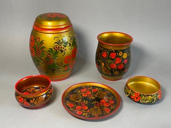 Beautiful Wood Hand Painted Vases & Bowl, Made In USSR