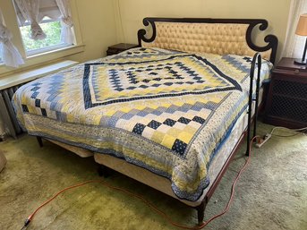 Vintage Wooden King Size Bed With Tufted Headboard With Scroll Detail