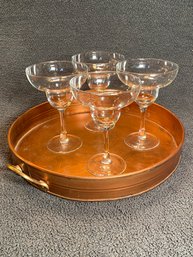 Set Of 4 Clear Margarita Glasses And Copper Like Round Serving Tray With Handles