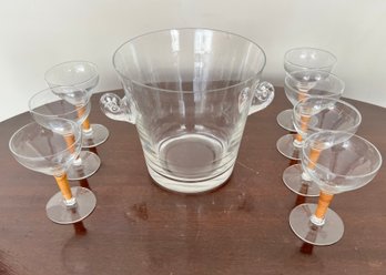 Tiffany & Co  Ice Bucket And 7 Rattan Wrapped Stemmed Glasses