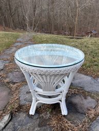 Vintage Round White Rattan And Wicker Glass Top Side Table