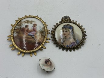 THREE PIECES HP PORCELAIN PORTRAIT PINS