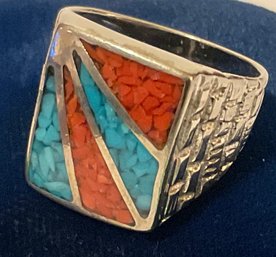 Vintage Sterling Silver 925, Coral & Turquoise Ring