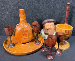 Chilean Carved Wooden Decanter And Goblets, Leather Wrapped Glass Bottle, King Henry VIII Bust