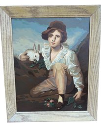 Vintage Framed Paint By Number Painting Boy With Rabbit In Period Frame