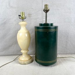 Two Vintage Lamps Alabaster And Leather