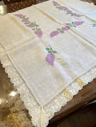 Hand Embroidered Table Cloth With Grapes And Vines In Lovely Lavender