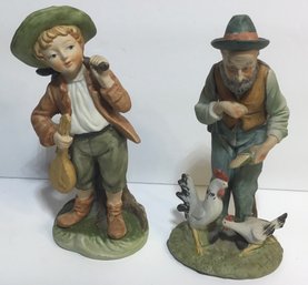 Figurines, Made In Japan, Man W Roosters & Boy.