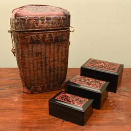 Vintage Asian Basket With Hand Painted Lacquered Nesting Boxes