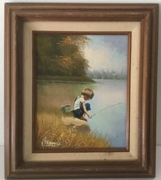 Oil On Canvas C. Manuel, Signed Little Boy Fishing.