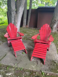 Pair Of Shell Back Red Adirondack Chairs And Foot Rests