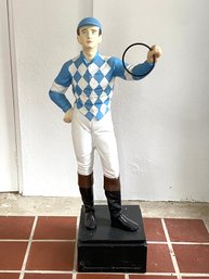 Tall Jockey Statue On Pedestal Custom Painted In Owners Signature Colors Of Thoroughbred Race Horse