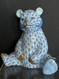 HEREND Baby Bear Sitting- Blue Fishnet---Purchased From Gump's 1993- Always Kept In Curio-mint
