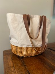 Modern Canvas And Wicker Picnic Basket Bag With Leather Handles