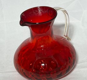 Blenko ? Red Glass Pitcher With Clear Handle