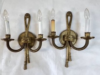 Pair Of Brass Electrified 2 Arm Wall Sconces, Tassel Design