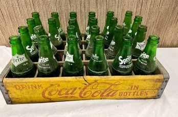 Vintage Sprite Bottles In Coca Cola Wooden Tray