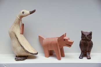 Collection Of Handcarved Wooden Animals: Goose, Dog And Owl